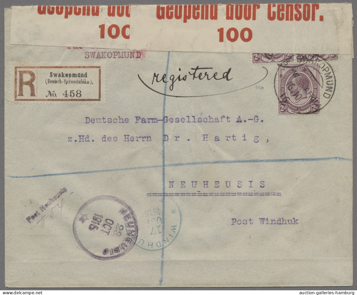 Deutsch-Südwestafrika - Stempel: 1916, NEUHEUSIS, R-Brief Aus Swakopmund Mit Deu - Sud-Ouest Africain Allemand