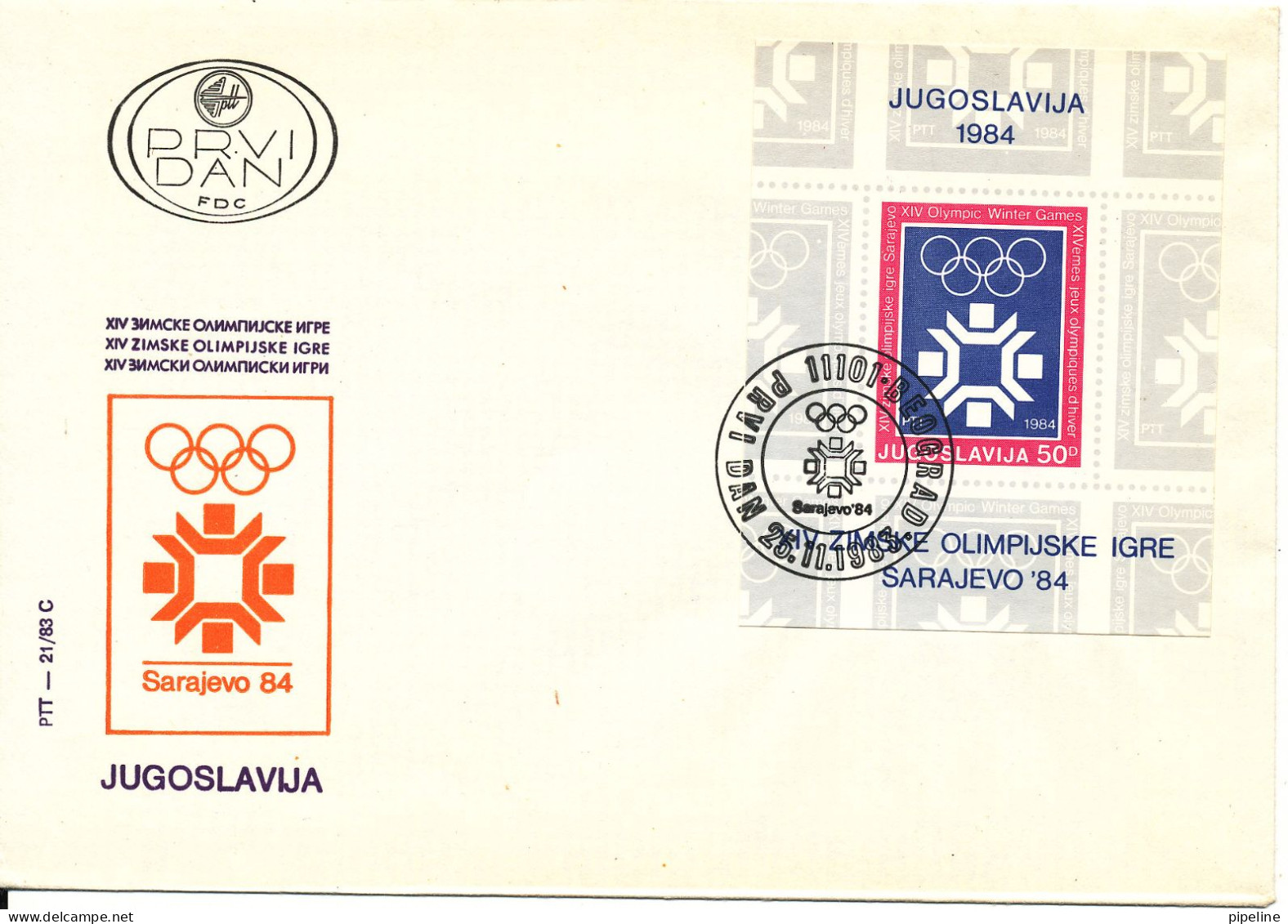 Yugoslavia FDC 25-11-19813 Souvenier Sheet Olympic Games Sarajevo 1984 With Cachet - Brieven En Documenten