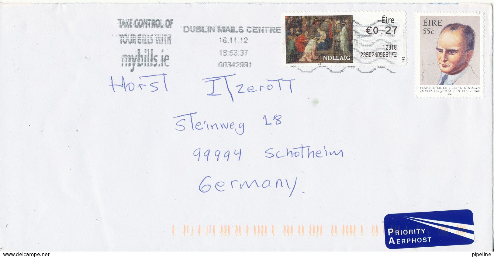 Ireland Cover Sent To Germany 16-11-2012 Topic Stamps - Cartas & Documentos