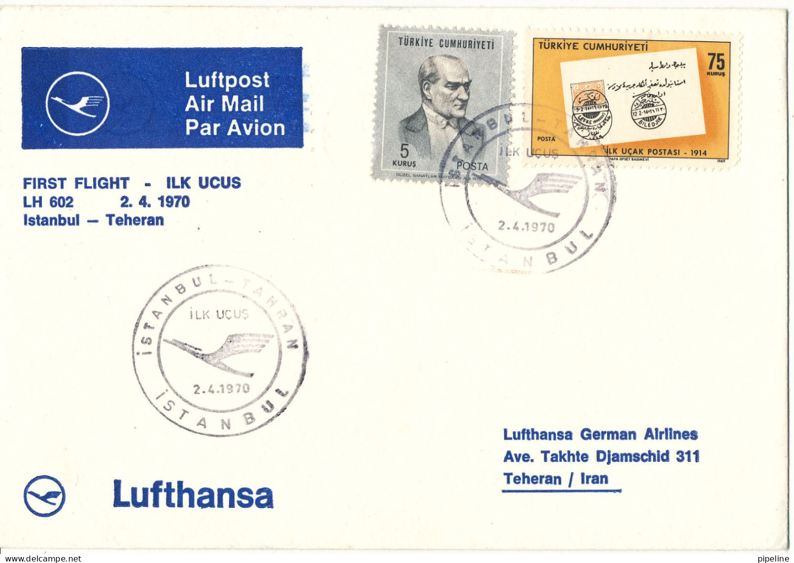 Turkey Cover First Lufthansa Flight LH 602 Istanbul - Teheran 2-4-1970 - Briefe U. Dokumente