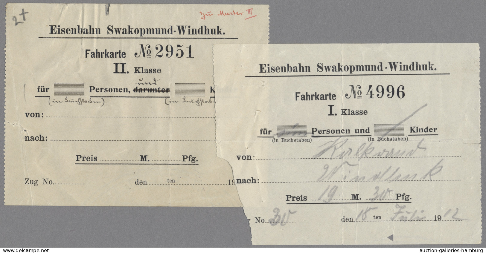 Deutsch-Südwestafrika - Besonderheiten: 1912 (ca.), Zwei Fahrkarten Der Eisenbah - German South West Africa