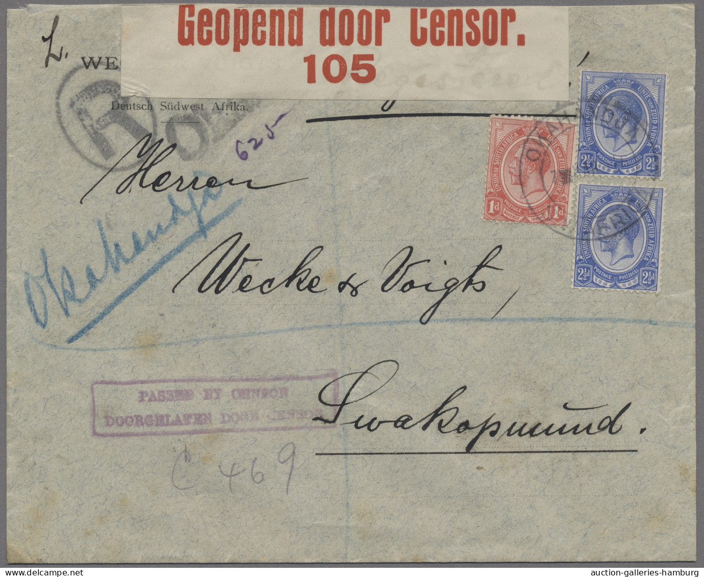 Deutsch-Südwestafrika - Besonderheiten: 1916, ZENSURPOST, Georg V., 2 1/2 P. (zw - África Del Sudoeste Alemana