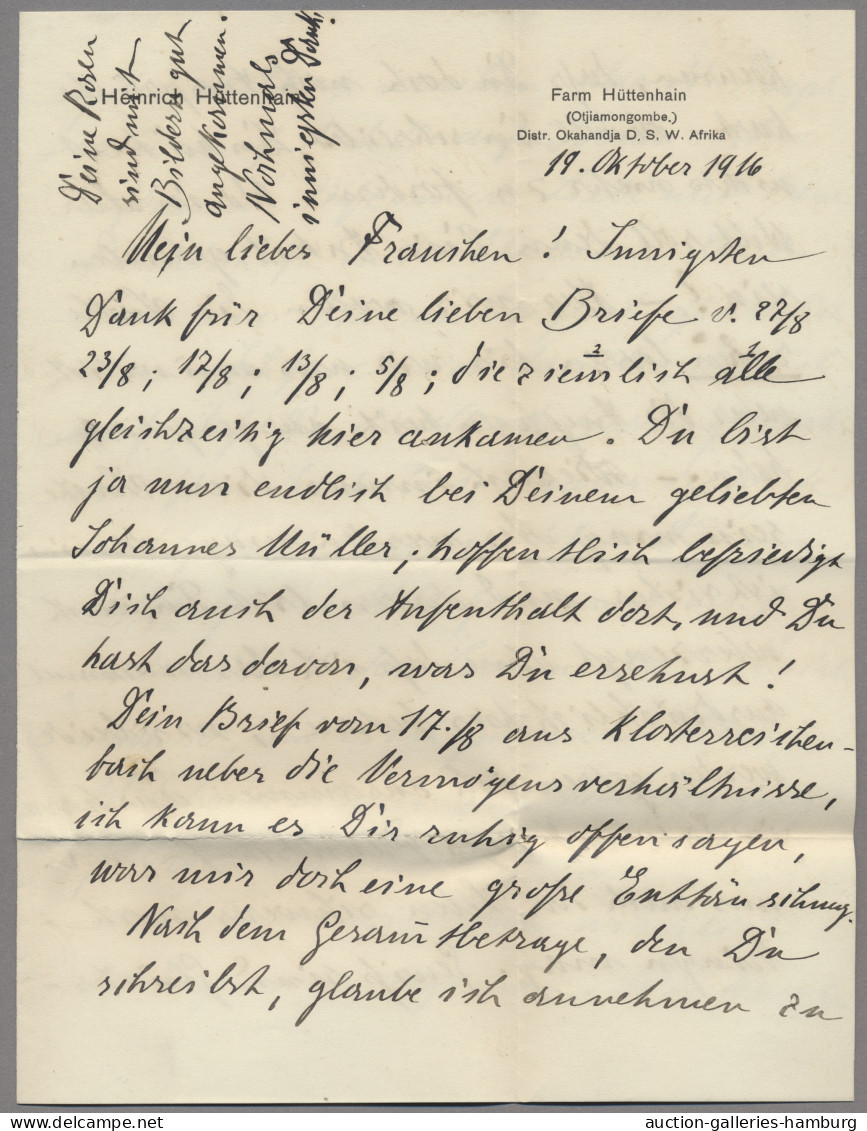 Deutsch-Südwestafrika - Besonderheiten: 1916, Brief Von Der Farm Hüttenhain (Oka - África Del Sudoeste Alemana