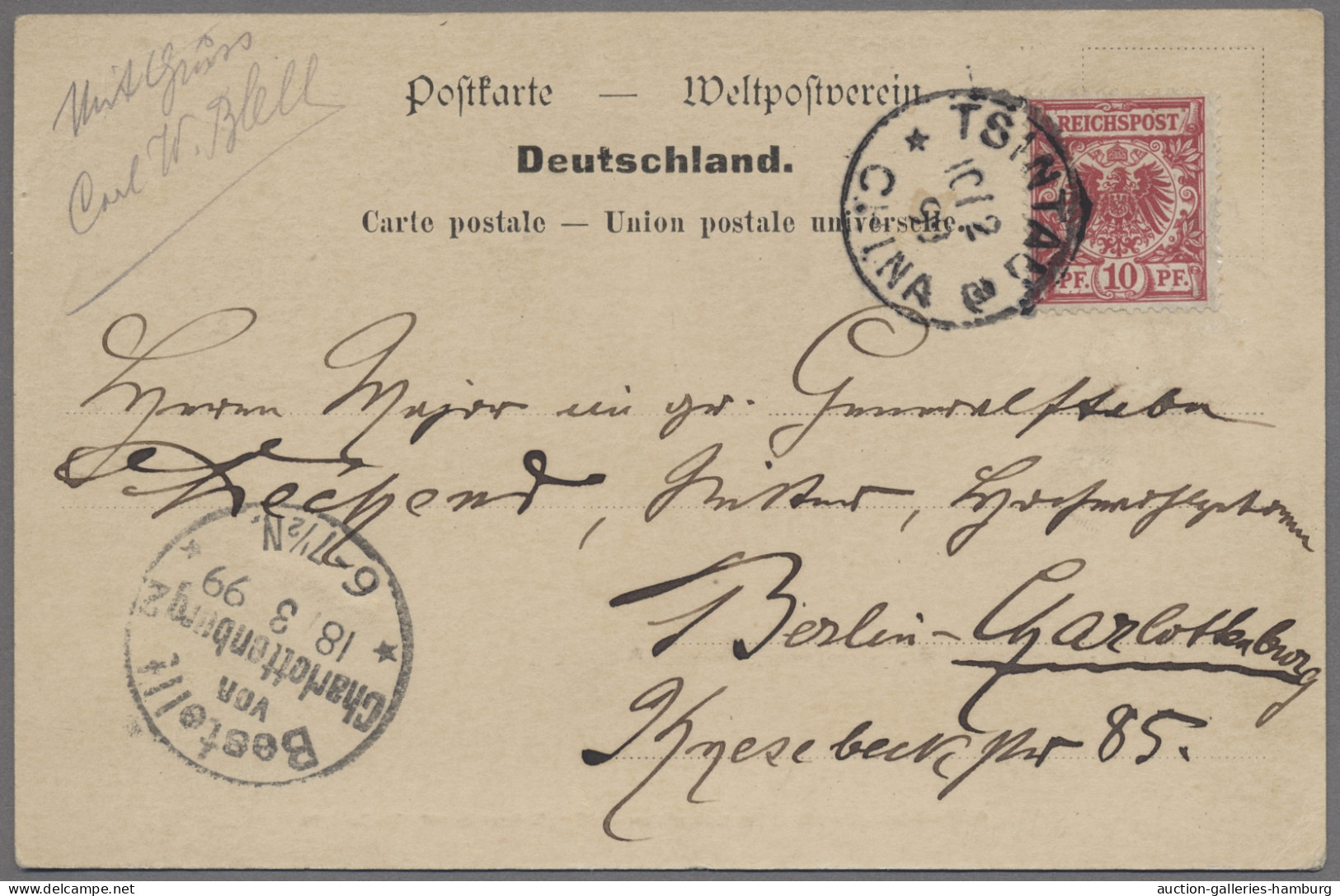 Deutsche Kolonien - Kiautschou-Vorläufer: 1899, Vorläufer 10 Pfennig "Krone/Adle - Kiauchau