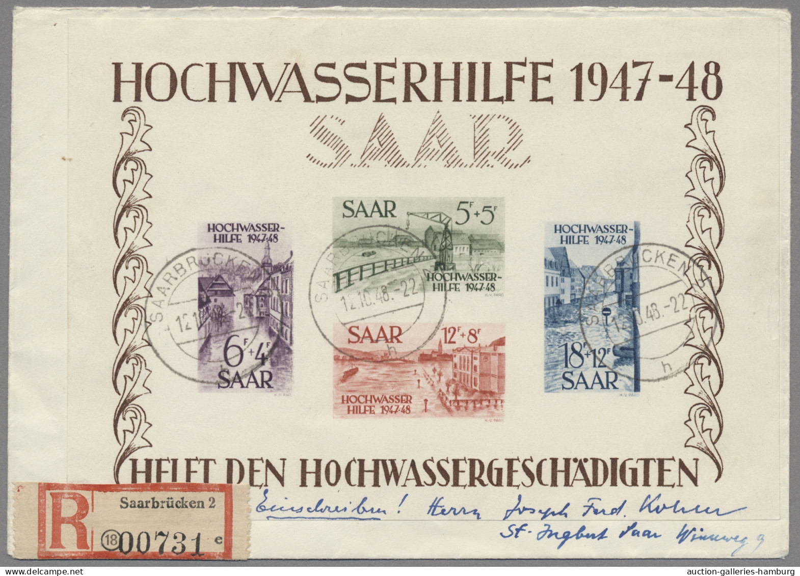 Saarland (1947/56): 1948, Hochwasserhilfe, Beide Blocks Als Einschreibbriefe Vom - Neufs