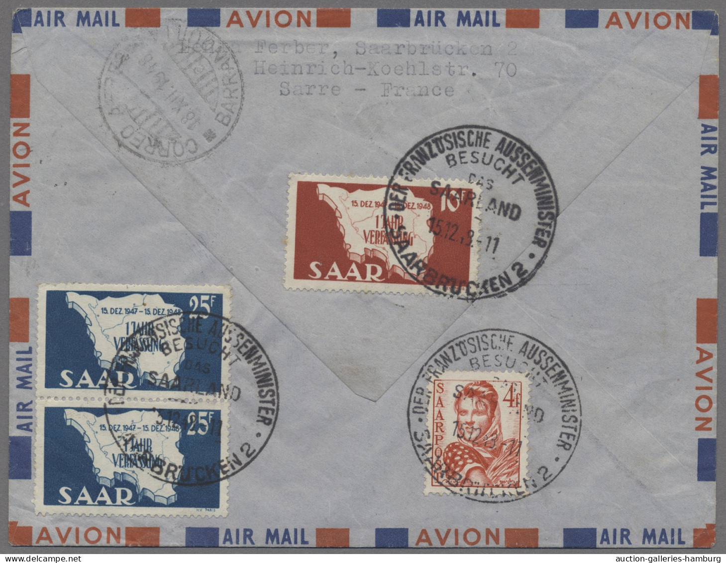 Saarland (1947/56): 1948, Luftpost-R-Brief Aus Saarbrücken Nach Barranquilla / K - Autres & Non Classés