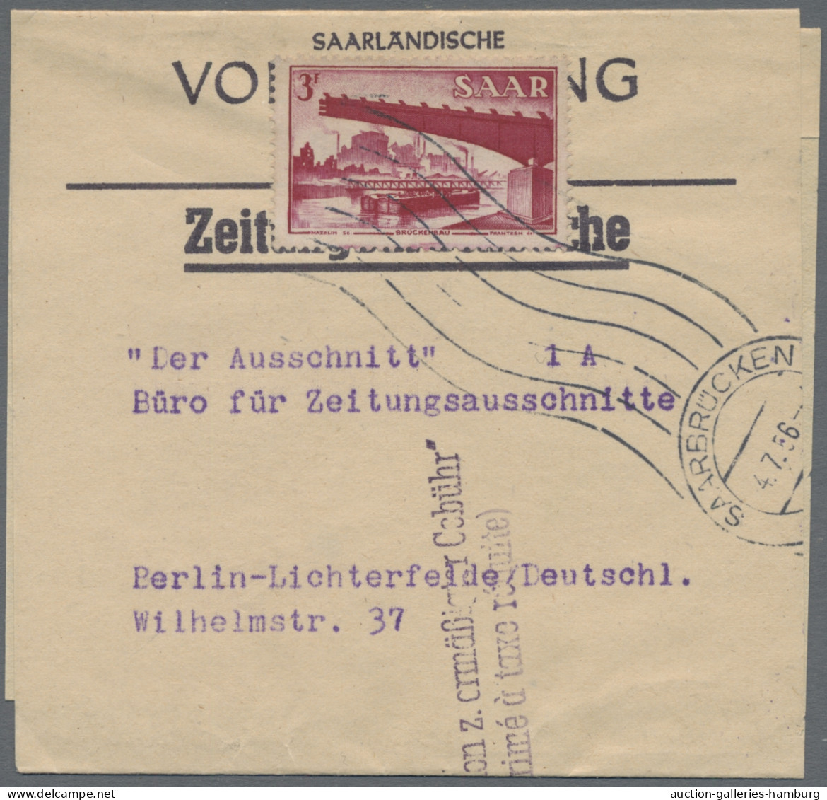 Saarland (1947/56): 1956, Zwei Zeitungs-Streifbänder Der "Saarländischen Volksze - Cartas & Documentos