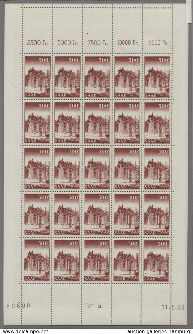 Saarland (1947/56): 1953, Saar V, 500 Fr. Ludwigskirche, Kompletter Druckbogen I - Nuevos