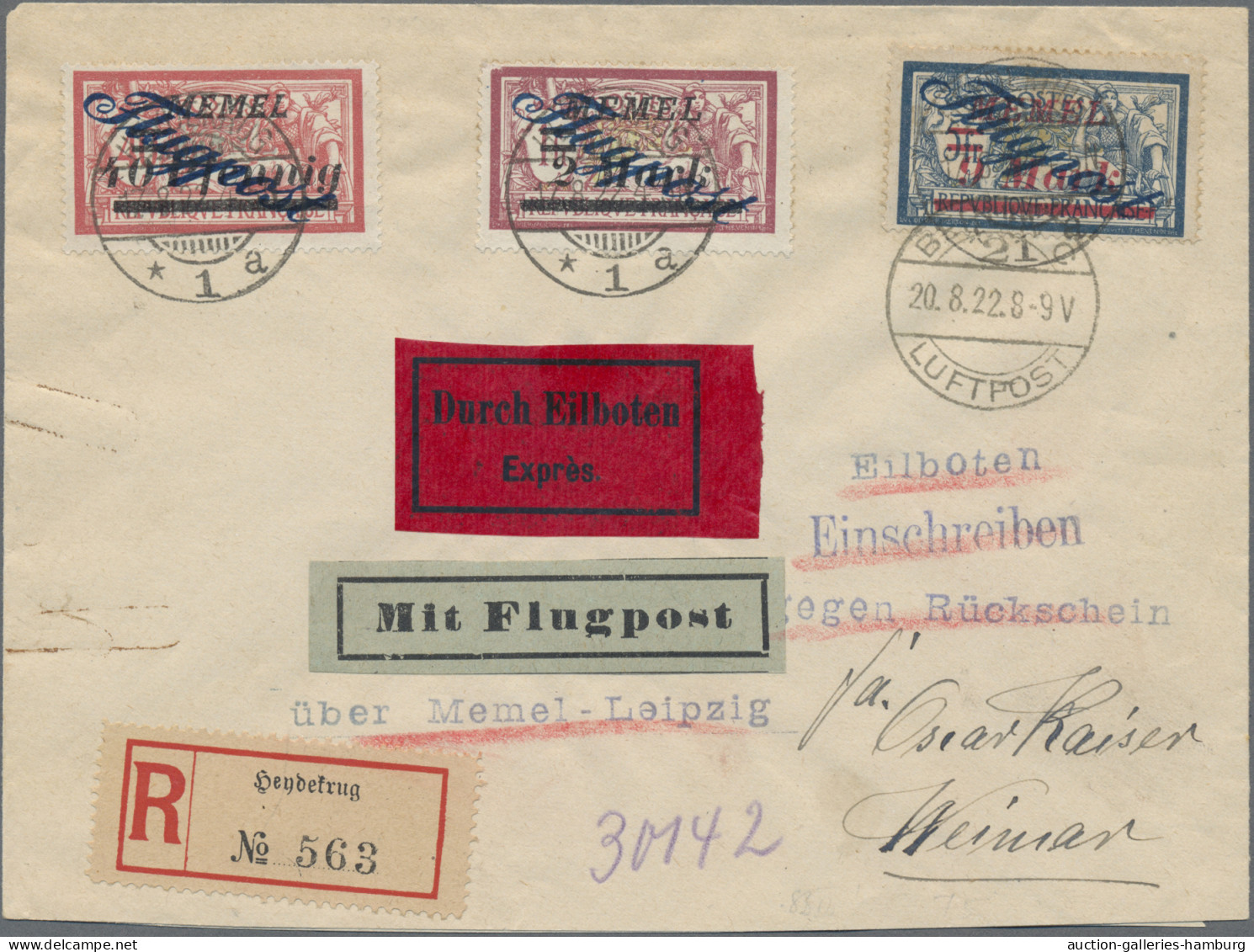 Memel: 1922, Flugpost 9 Mark Auf 5 Fr. Mit Abart "g Oben Spitz Auslaufend", 2 Ma - Klaipeda 1923