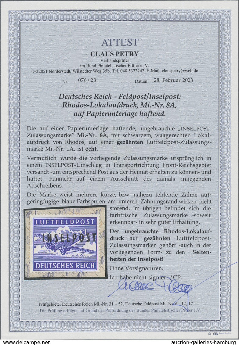 Feldpostmarken: 1944, Insel Rhodos, INSELPOST-Zulassungsmarke Mit Lokalaufdruck - Other & Unclassified