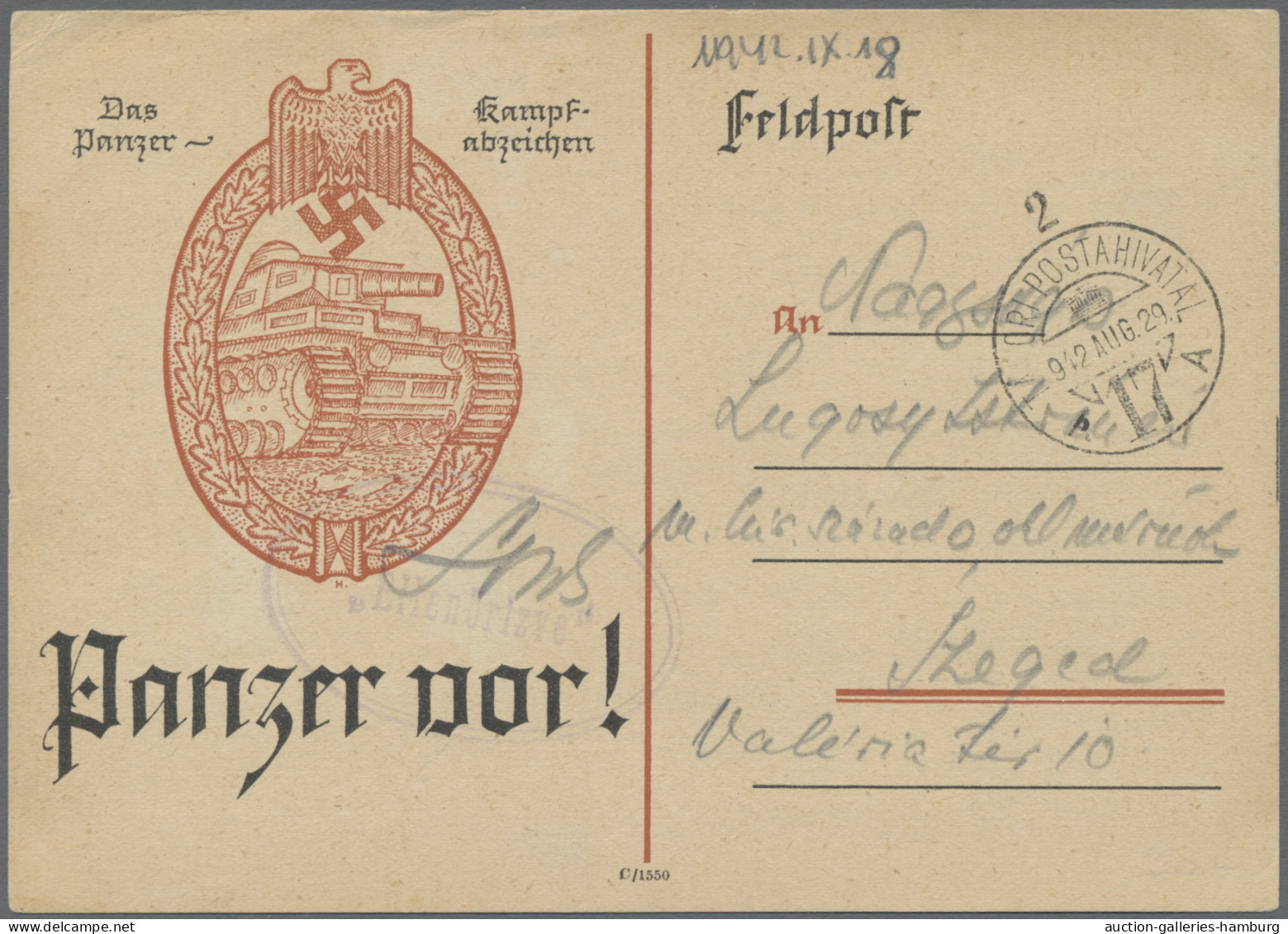 Feldpost 2. Weltkrieg: 1942, Feldpostkarte Mit Abbildung Des Panzerkampfabzeiche - Autres