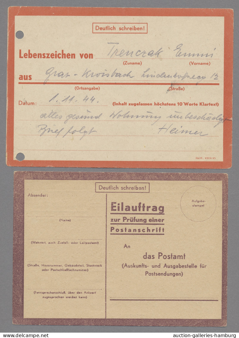 Feldpost 2. Weltkrieg: 1944, Eilnachrichtenkarten, Grün, Lila, Rot, Insges. 6 St - Other