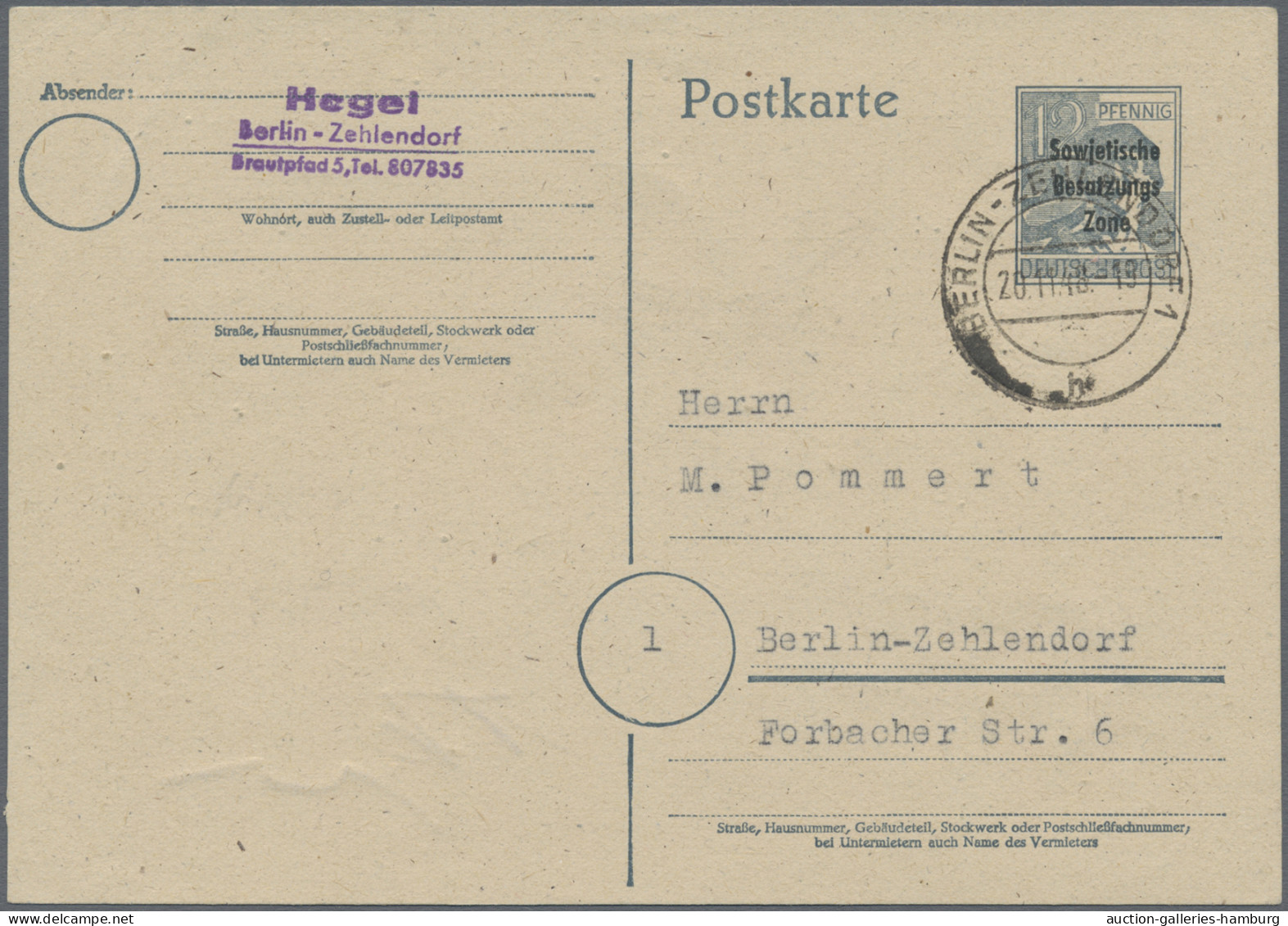 Berlin - Vorläufer: 1948, SBZ-Ganzsachenkarte 12 Pfg. Maschinenaufdruck Bedarfsg - Cartas & Documentos