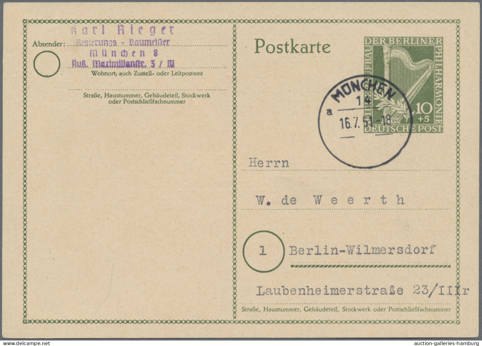 Berlin - Ganzsachen: 1951, 10 Pfg. Philharmonie, Zwei Gebrauchte Karten Je Mit T - Otros & Sin Clasificación