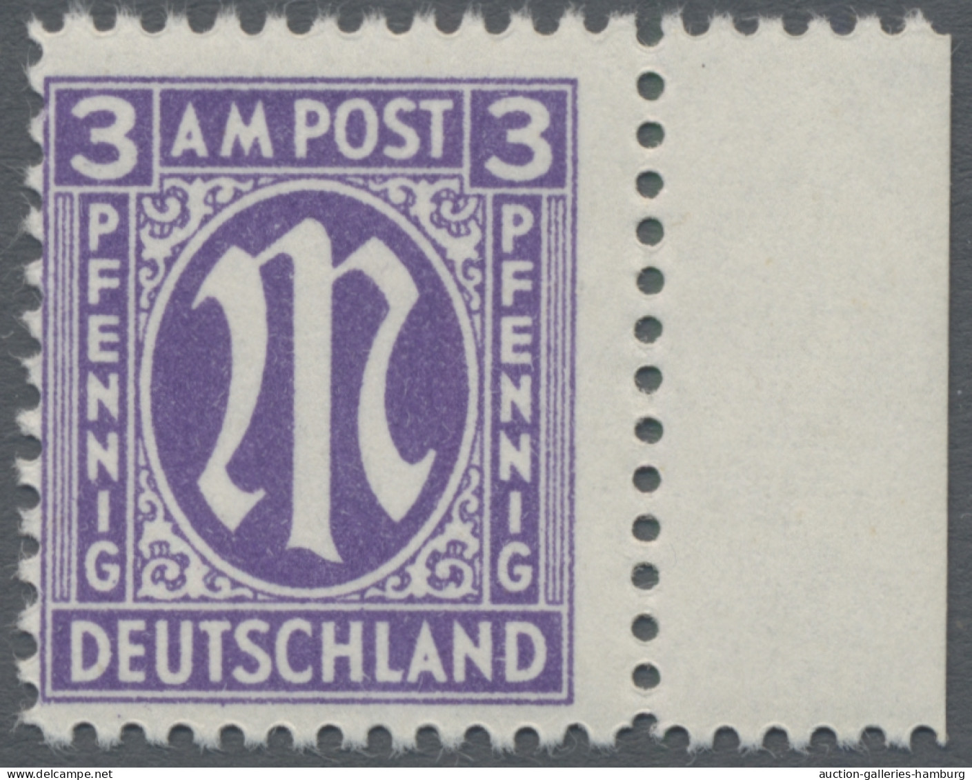 Bizone: 1945, AM-Post-deutscher Druck 3 Pfg. Blauviolett Vom Rechtem Bogenrand, - Other & Unclassified