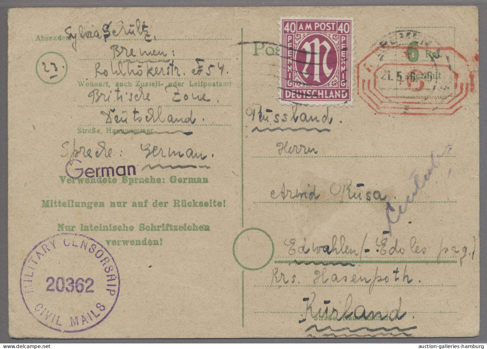 Bizone: 1946, AM-Post, 40 Pfg. Als Teilbarfrankatur Auf Ungültiger 6 Pfg.-Postka - Other & Unclassified