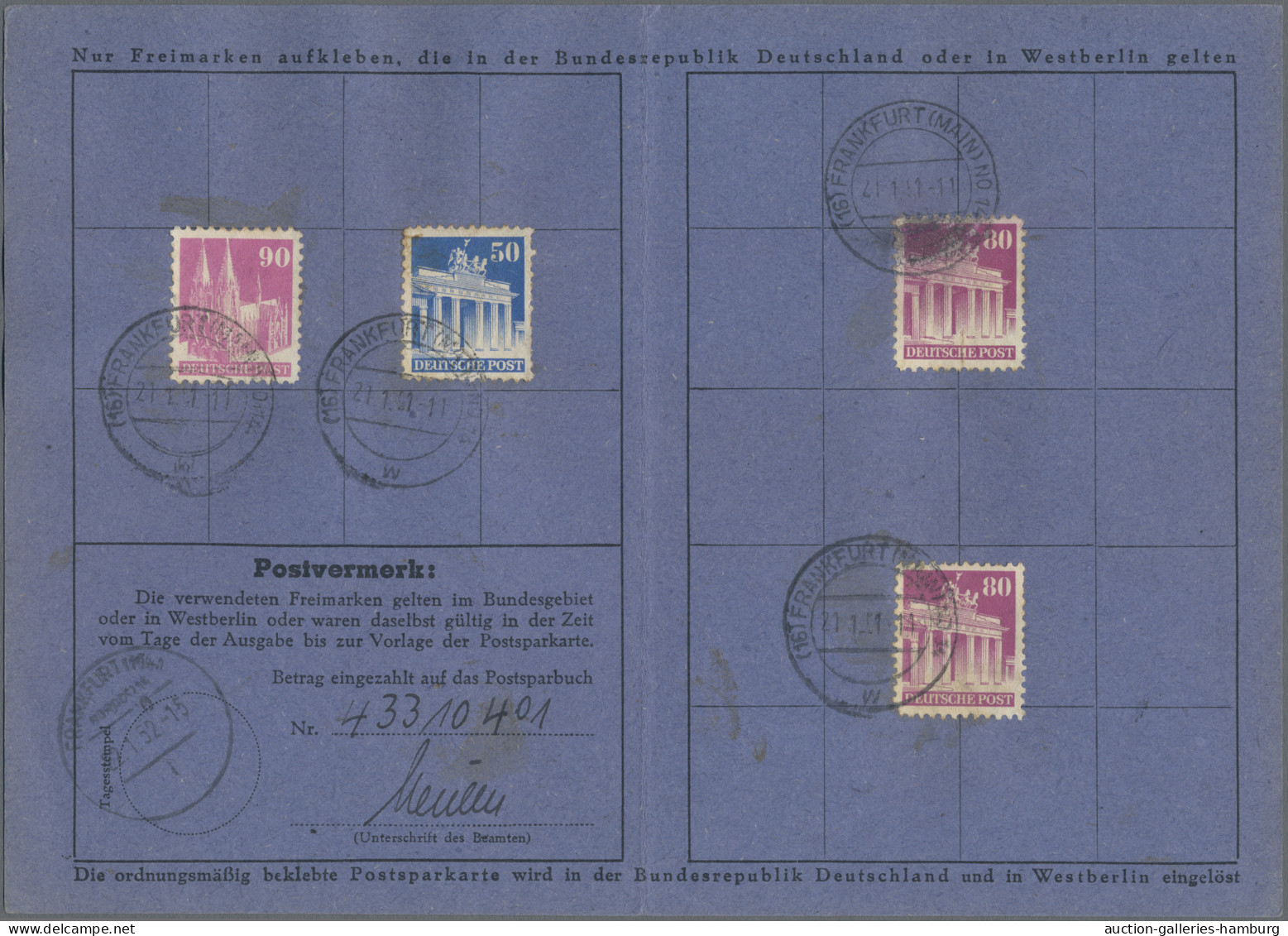 Bizone: 1951, 3 DM In Bauten-Marken Als Einzahlungsbestätigung Auf Postsparkarte - Autres & Non Classés