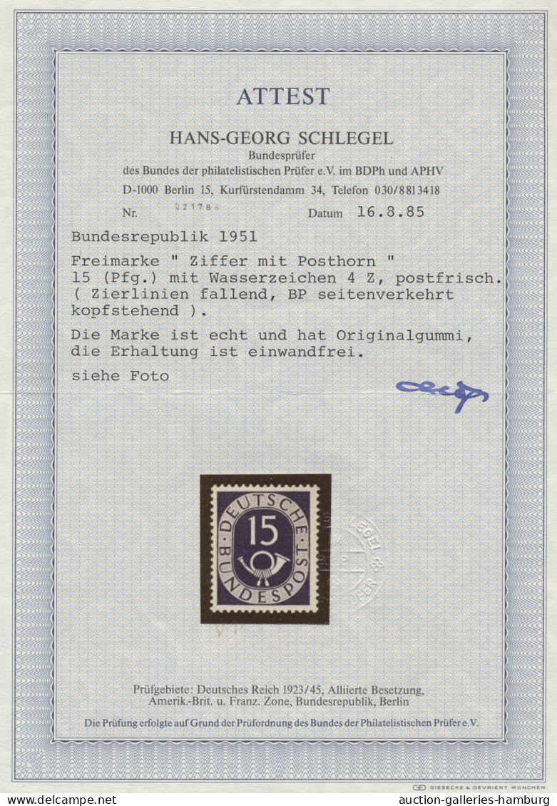 Bundesrepublik Deutschland: 1951, 15 Pf. Posthorn Mit Dem Wasserzeichen 4 Z Post - Unused Stamps