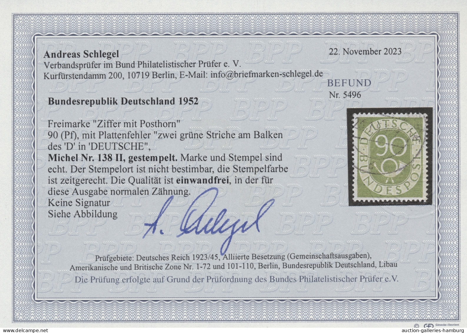 Bundesrepublik Deutschland: 1952, 90 Pf. Posthorn Mit Plattenfehler "zwei Grüne - Usados