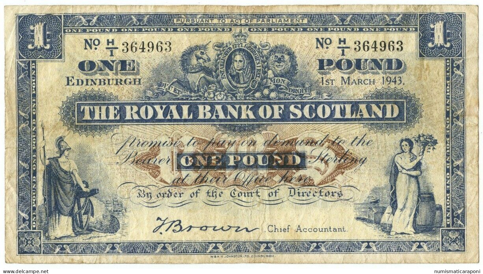 Scozia Scotland 1 POUND THE ROYAL BANK OF SCOTLAND 01/03/1943 BB LOTTO 574 - 1 Pound