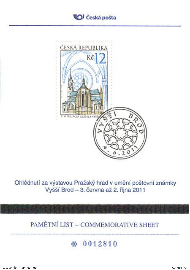 PLZ 6 Commemorative Sheet Czech Republic Exhibition In Vyssi Brod Hohenfurth 2011 - Abbazie E Monasteri