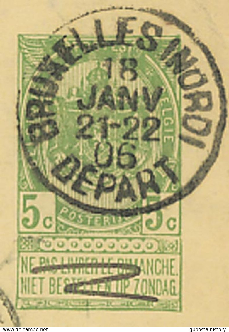 BELGIEN 1906 Wappen 5C Postkarte Mit K1 "BRUXELLES (NORD) / DEPART" Kab.-GA Als Ortskarte Gelaufen, Ank.-Stpl. "BRUXELLE - Ohne Zuordnung