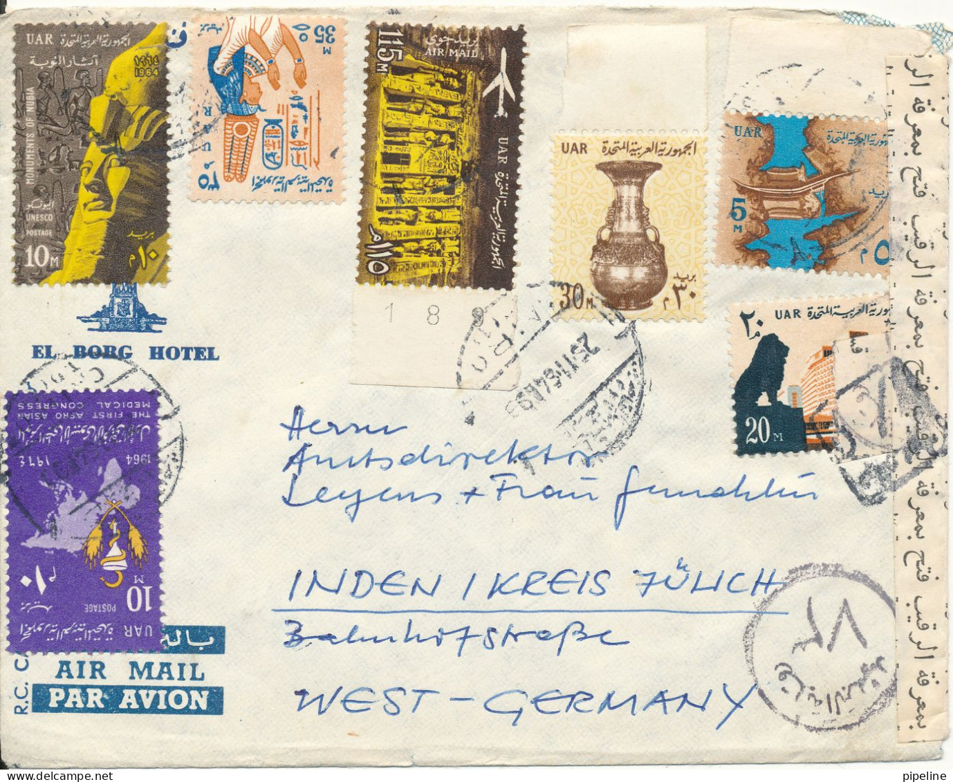 Egypt Censored Air Mail Cover Sent To Germany Cairo 25-11-1964 With A Lot Of Stamps On Front And Backside Of The Cover - Posta Aerea