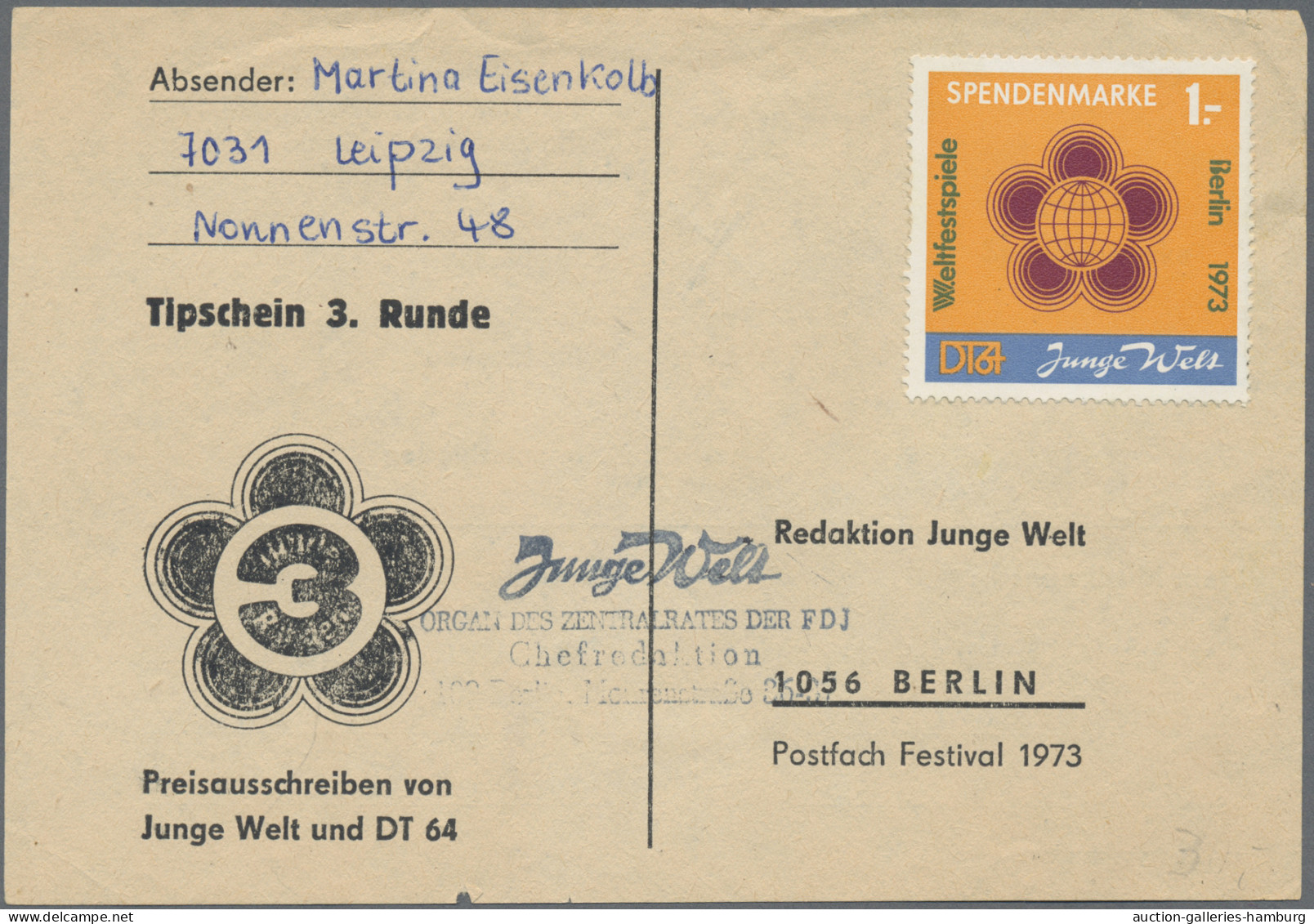 DDR - Besonderheiten: 1973, Spendenmarken Weltfestspiele, Lot Mit Sieben Tippsch - Otros & Sin Clasificación