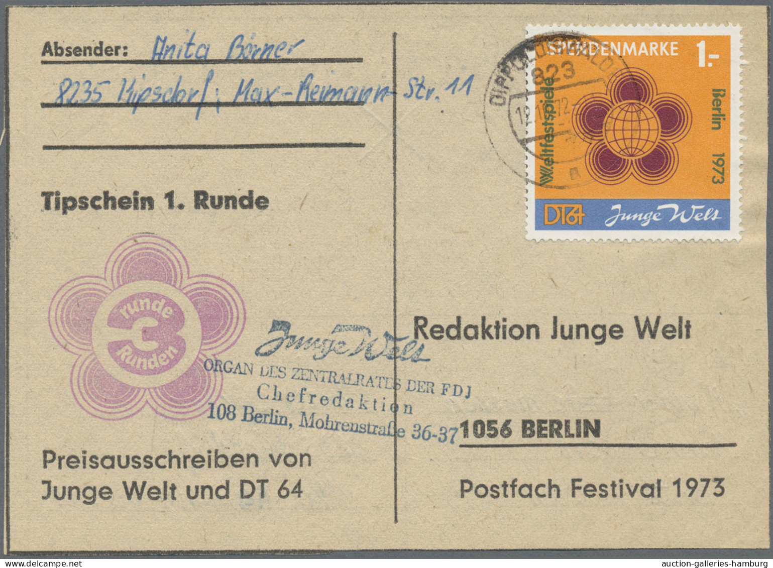 DDR - Besonderheiten: 1973, Spendenmarken Weltfestspiele, Lot Mit Sieben Tippsch - Other & Unclassified