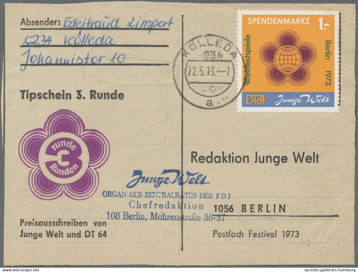 DDR - Besonderheiten: 1973, Spendenmarken Weltfestspiele, Lot mit sieben Tippsch