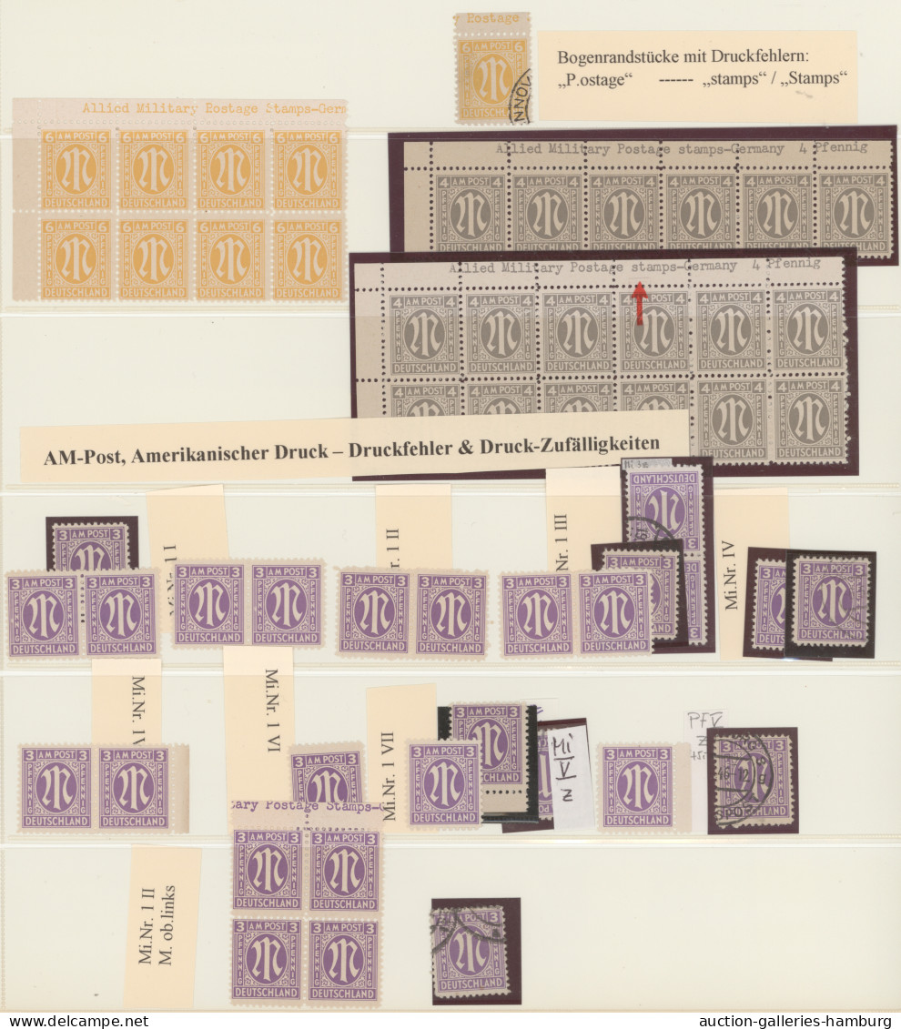 Bizone: 1945, AM-Post Amerikanischer Druck PLATTENFEHLER/FELDMERKMALE, Meist Pos - Other & Unclassified