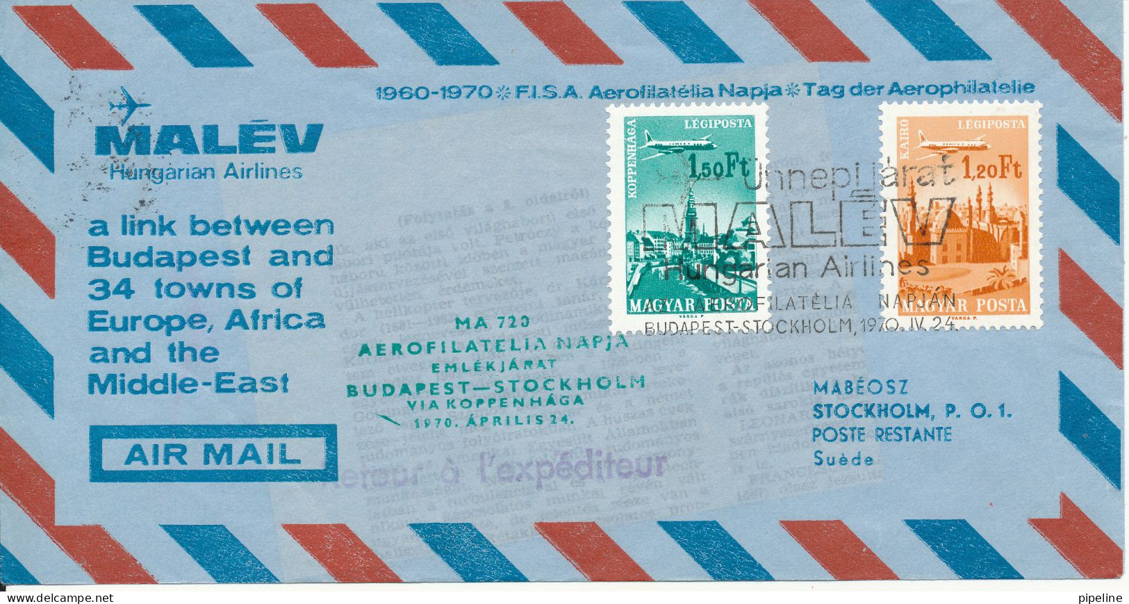 Hungary Air Mail Cover First Malev Flight Budapest - Stockholm 24-4-1970 - Lettres & Documents