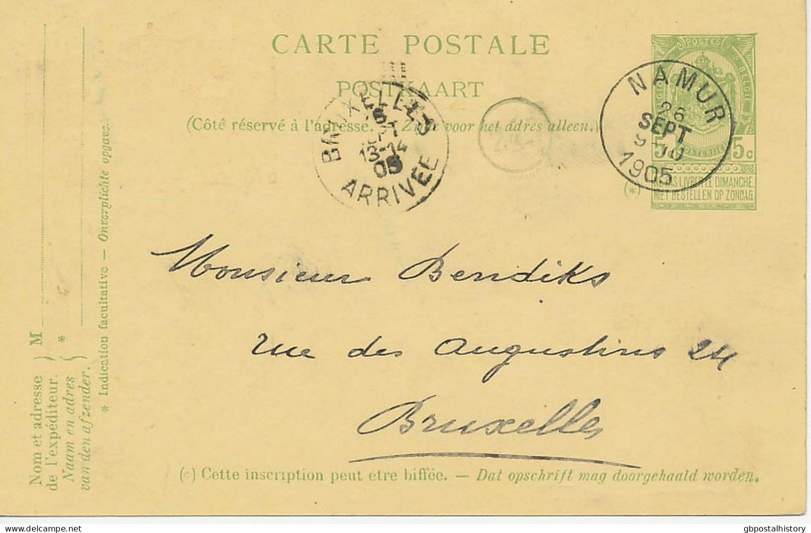 BELGIEN 1905 Wappen 5C Postkarte Mit K1 "NAMUR" Kab.-GA M. Ank.-Stpl. "BRUXELLES / ARRIVEE", ABART: Druckausfall Zwische - Unclassified