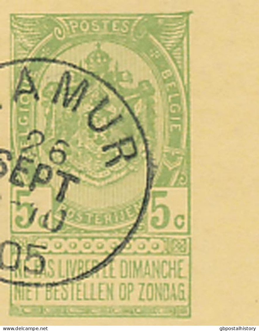 BELGIEN 1905 Wappen 5C Postkarte Mit K1 "NAMUR" Kab.-GA M. Ank.-Stpl. "BRUXELLES / ARRIVEE", ABART: Druckausfall Zwische - Unclassified