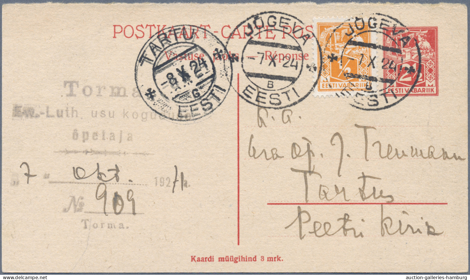 Estonia - postal stationery: 1923-1938, Partie von 12 Ganzsachenkarten inkl. Fra