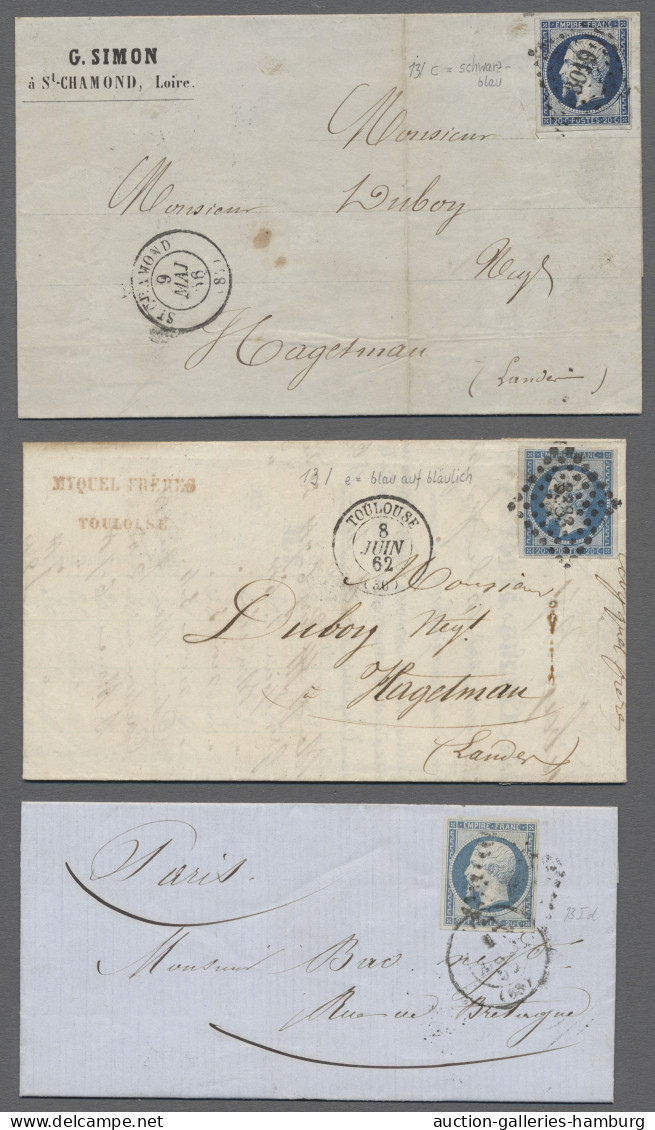 France: 1855-1862, Partie Von 5 Faltbriefen Mit Einzelfrankaturen Der Mi.Nr. 13, - Colecciones Completas