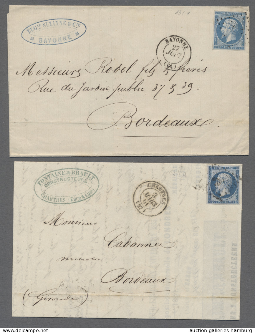 France: 1855-1862, Partie Von 5 Faltbriefen Mit Einzelfrankaturen Der Mi.Nr. 13, - Colecciones Completas