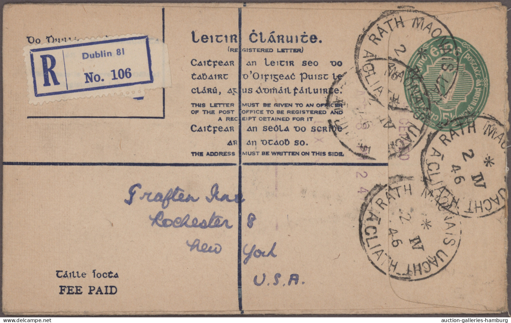 Ireland - Postal Stationery: 1926/1946, Lot Of Five Used Registered Envelopes, 5 - Enteros Postales