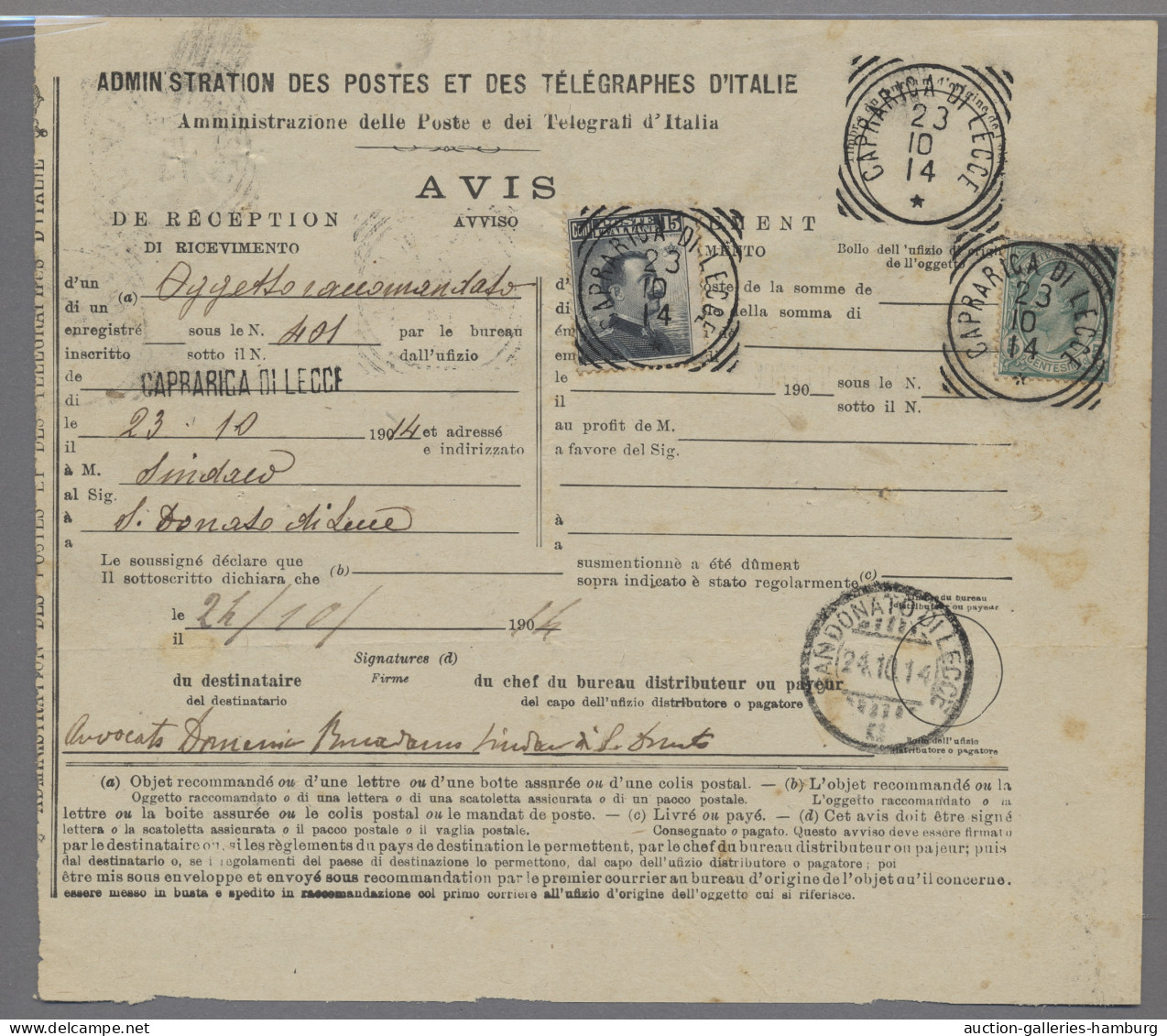 Italy: 1867-1946, Empfangsbestätigungen / Rückscheine (ricevuta Di Ritorno), Abw - Colecciones