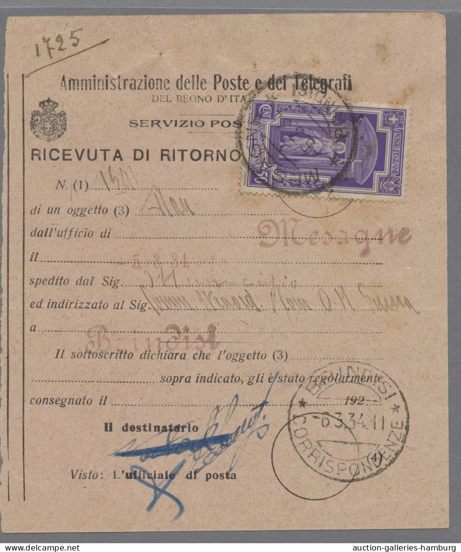 Italy: 1867-1946, Empfangsbestätigungen / Rückscheine (ricevuta di ritorno), abw