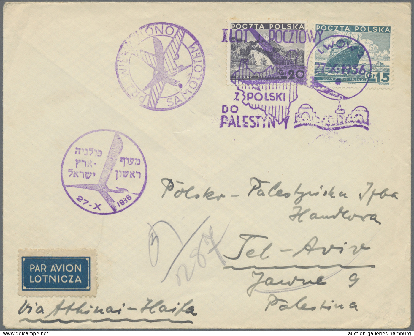 Poland: 1936/1937, Three Airmail Covers To Palestine: (1) Cover 27.X.1936 Lwow-H - Other & Unclassified