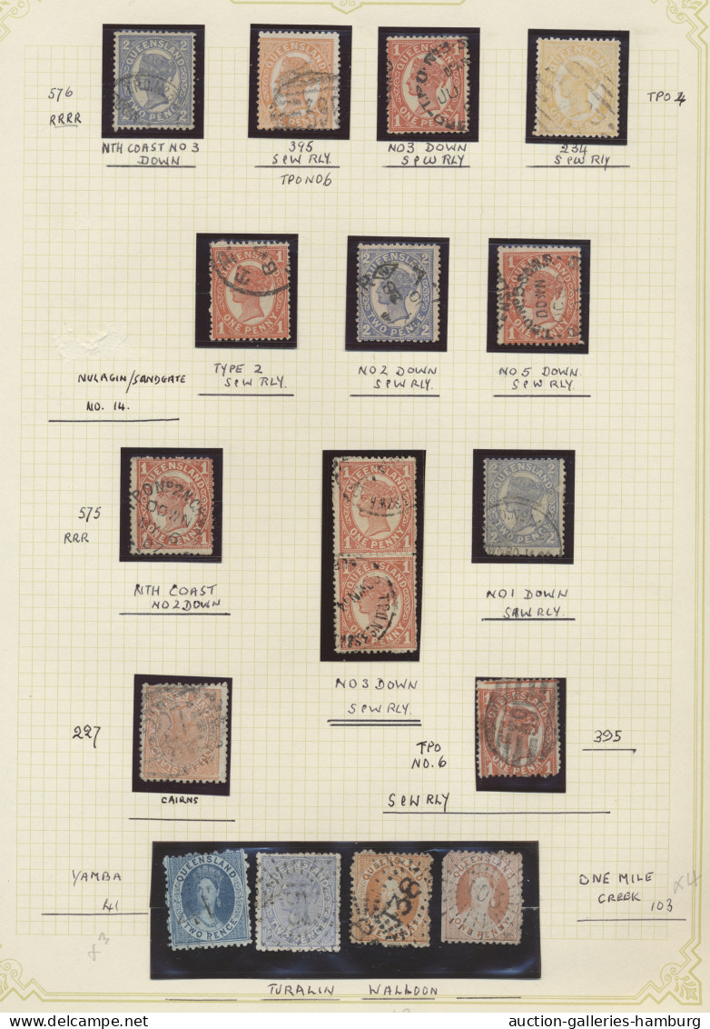 Queensland: 1868-1910 (ca.), Stempelsammlung in 2 selbstgestalten Alben mit u.a.