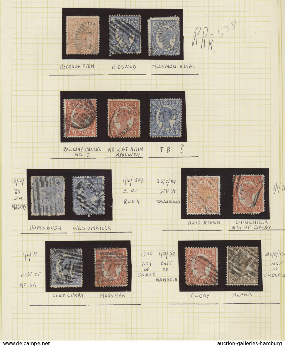 Queensland: 1868-1910 (ca.), Stempelsammlung in 2 selbstgestalten Alben mit u.a.