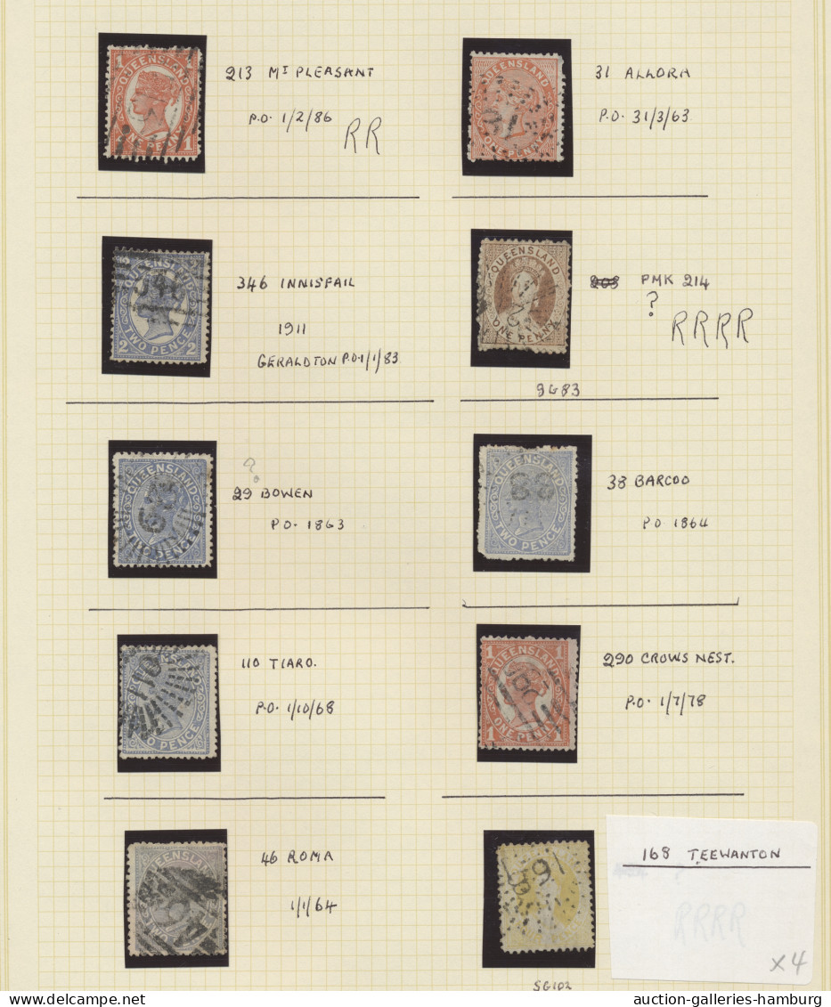 Queensland: 1868-1910 (ca.), Stempelsammlung in 2 selbstgestalten Alben mit u.a.