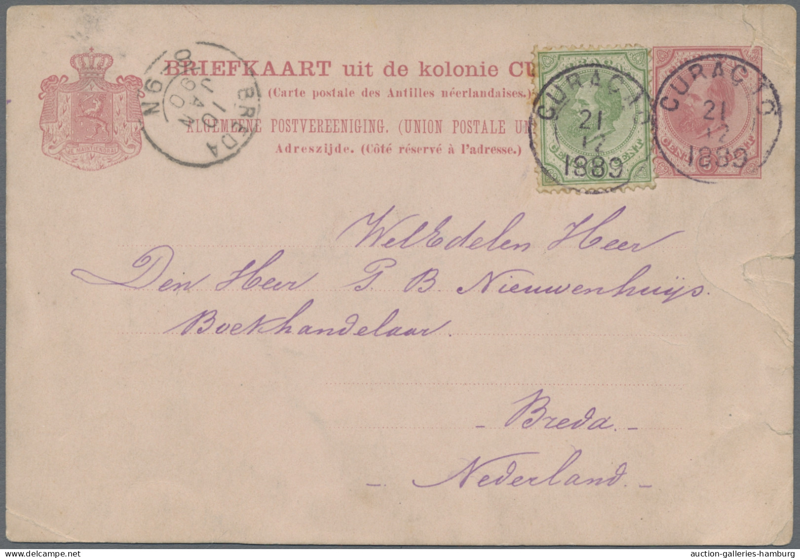 Curacao: 1889-1946, Cover Lot Starting With PSC 5c Willem III Uprated With 2 1/2 - Curacao, Netherlands Antilles, Aruba