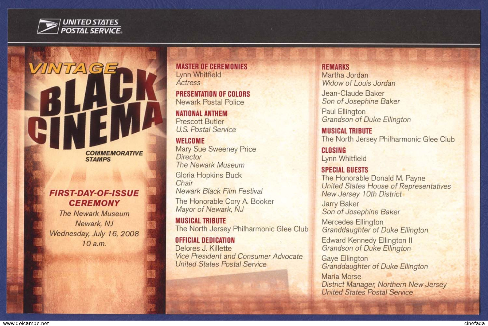 ETATS UNIS . FDC Ceremony Program Vintage Black Cinema. Affiches De Films. Ellington, Dunbar, Baker, Vidor, Jordan… - 2001-2010