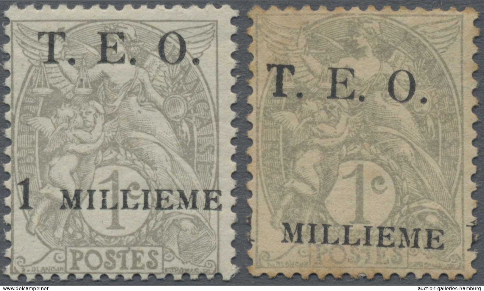 Syria: 1919, T.E.O. Overprints On France, 1m. On 1c. Grey, Two Stamps: (1) Mint - Syrie