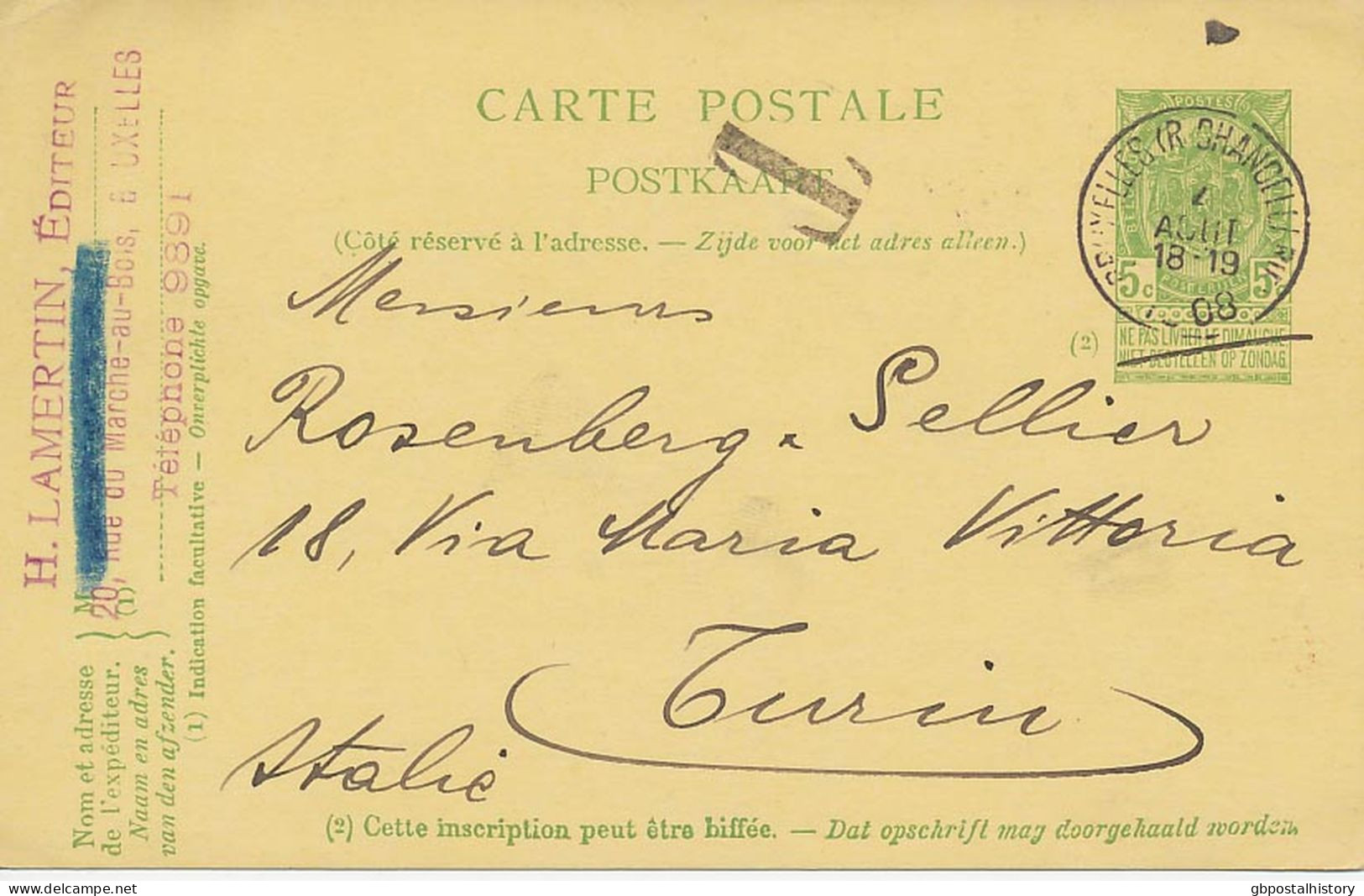 BELGIEN 1908 Wappen 5C Postkarte Mit K1 "BRUXELLES (R CHANCELL/rue)" UNTERFRANKIERTER INLANDSKARTE Nach TURIN, ITALIEN - - Non Classés