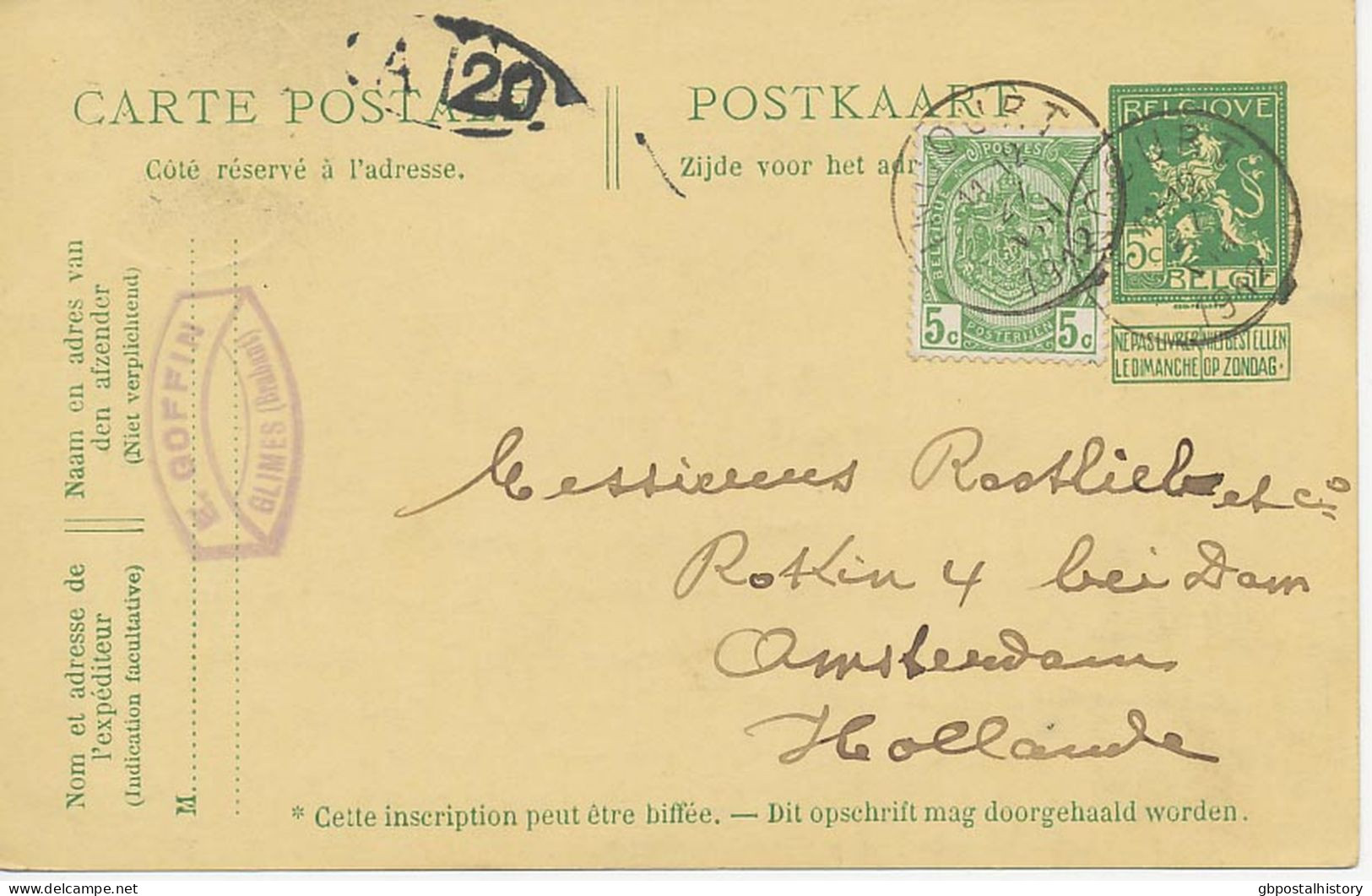 BELGIEN 1912 Löwe 5C Postkarte M 5C Wappen Als Zusatzfrankatur Mit Seltene K1 "INCOURT" N AMSTERDAM, ABART: Wertstempel - Non Classés