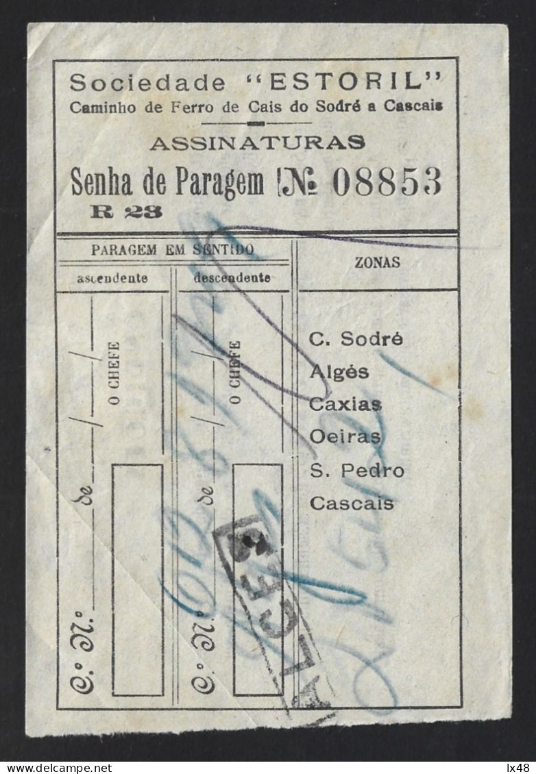 Train Ticket. Estoril Railway Society From Cais Sodré To Oeiras, 1949. Treinkaartje. Spoorwegmaatschappij Van Estoril Va - Mundo